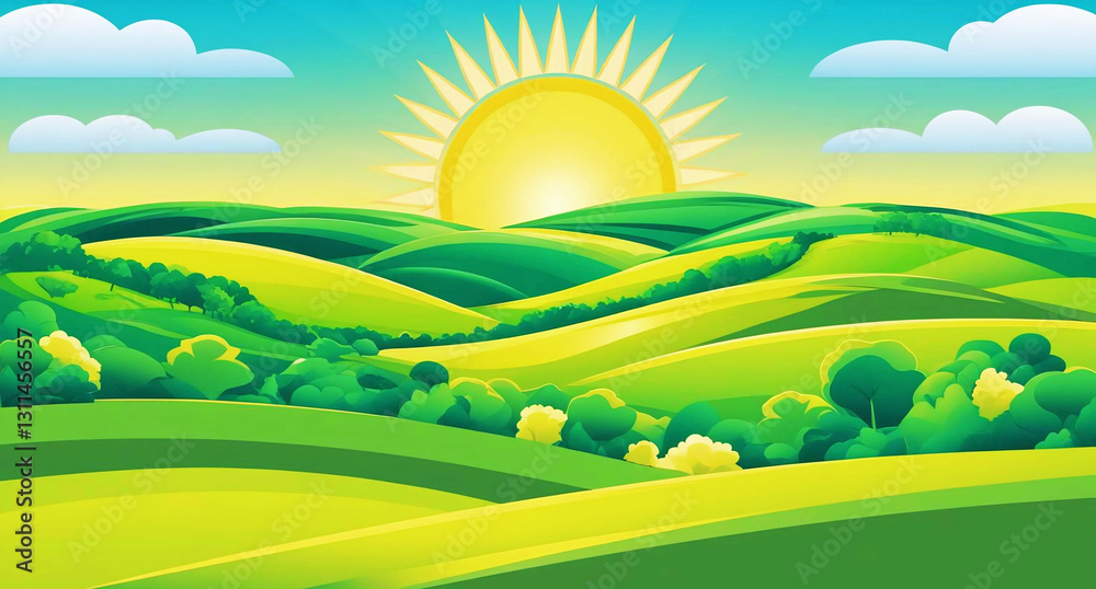 Obraz premium Vibrant summer nature scene with green fields, sunlit grass, and a blue sky horizon