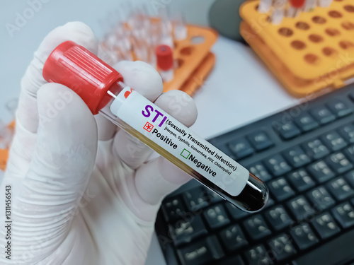 Doctor hold Blood sample for STI (Sexually Transmitted Infection) Test. Positive result test tube.