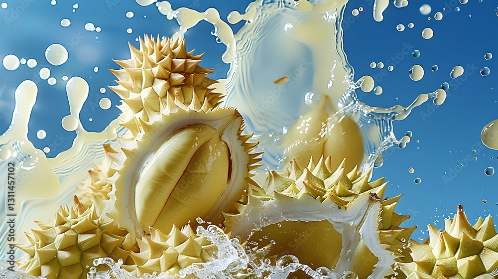 durian juice waterfall splash, liquid explosion, delicate durian