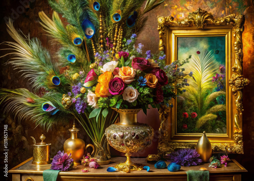 Wallpaper Mural vibrant floral arrangement with peacock feathers and ornate decor Torontodigital.ca