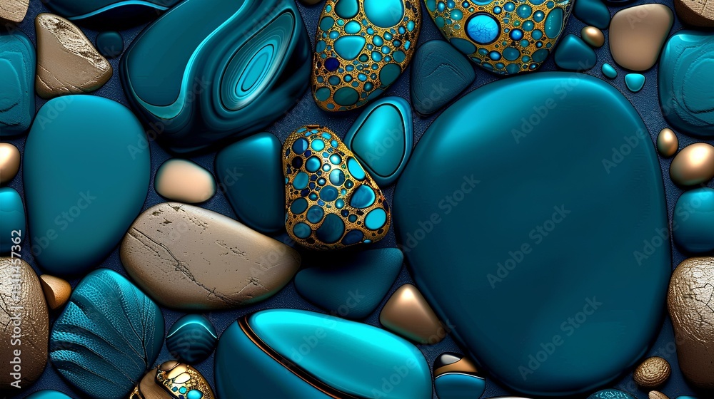 Blue pebbles and turquoise stones Gold nugget with golden details on a dark background
