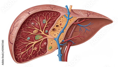 Cross section illustration of liver showing internal organ anatomy, including blood vessels and bile ducts. detailed view highlights liver complex structure and function