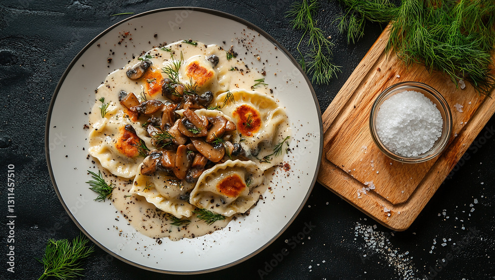 Overhead shot of a plate of delicious mushroom dumplings in a creamy sauce, garnished with fresh herbs and sea salt. Overhead shot of a plate of delicious mushroom dumplings in a creamy sauce, garnished with fresh herbs and sea salt.