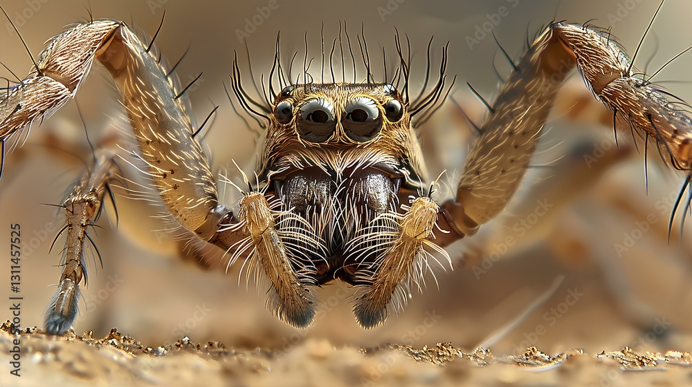 close-up of a blacktailed spider's face and legs with its long, fluffy body, big eyes and open mouth showing teeth, as it walks across sand