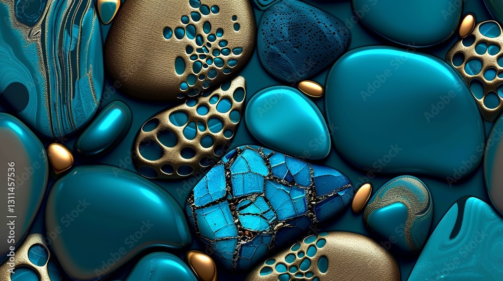 Blue pebbles and turquoise stones Gold nugget with golden details on a dark background