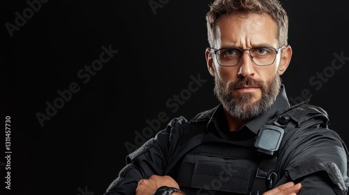 This intense portrait features a man in glasses with a tactical vest, displaying a mixture of intelligence and strength, set against a sleek black background.