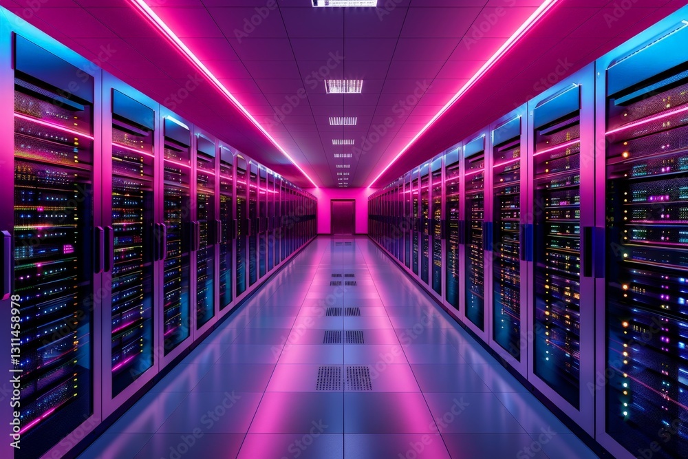 Modern Server Room with LED Lit Racks and Vibrant Colors