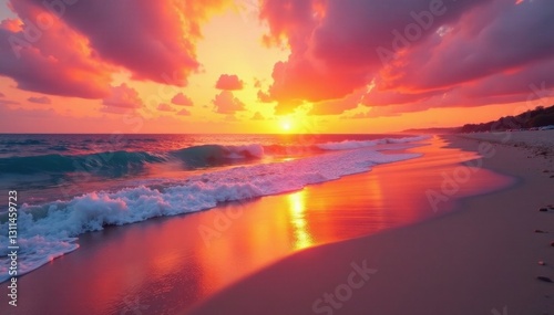 Vibrant sunset hues on beach sand; orange,pink,yellow gradients, coastline, vibrant