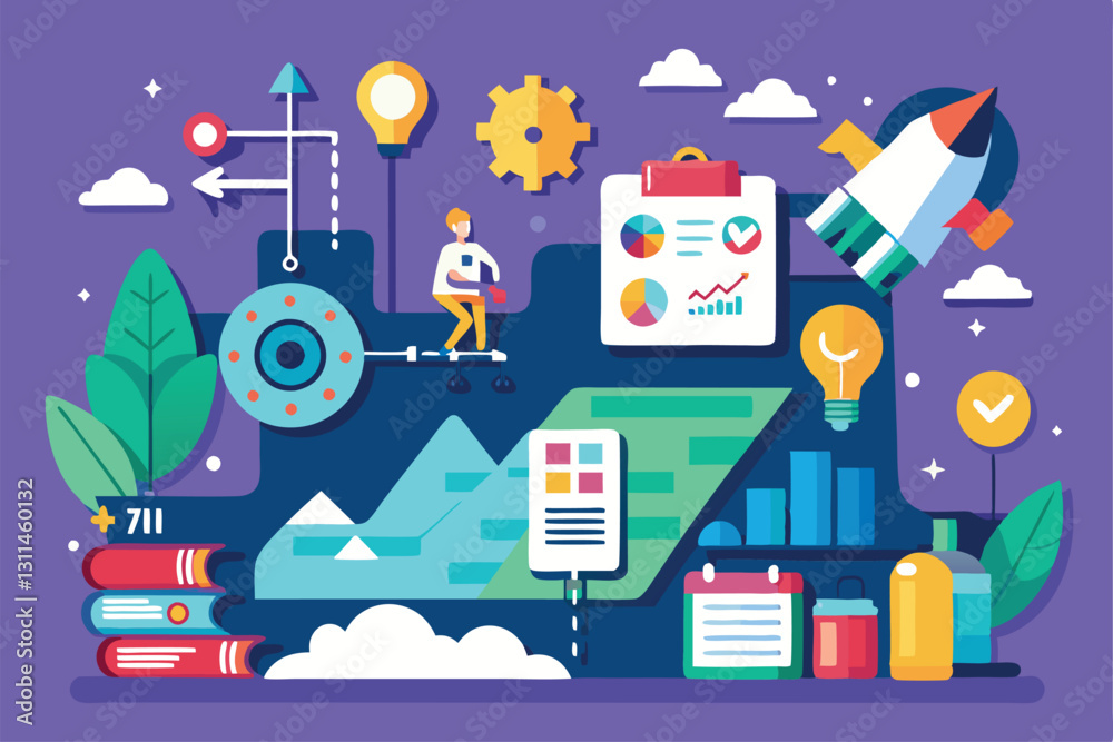 Obraz premium A colorful layout showcasing graphs, tools, and visual elements for customizable project progress tracking, Progress overview Customizable Flat Illustration