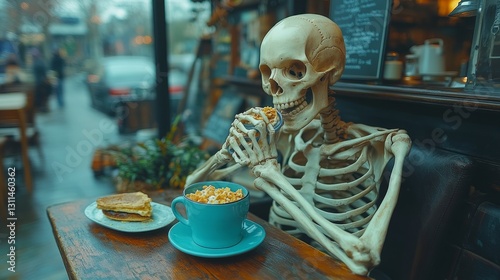 A skeleton enjoys popcorn and coffee at a cafe table, quirky charm