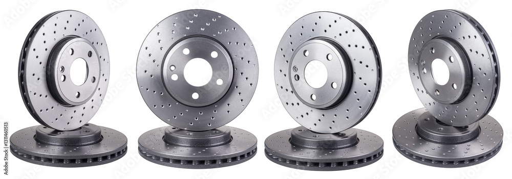 Set collection of high-performance car brake disc rotors isolated white background. automotive carp spare parts tuning and service concept