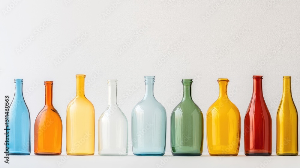 Colorful Glass Bottles in a Row on a Simple White Background Colorful Glass Bottles in a Row on a Simple White Background