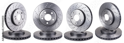 Obraz na płótnie Set collection of high-performance car brake disc rotors isolated white background. automotive carp spare parts tuning and service concept w salonie