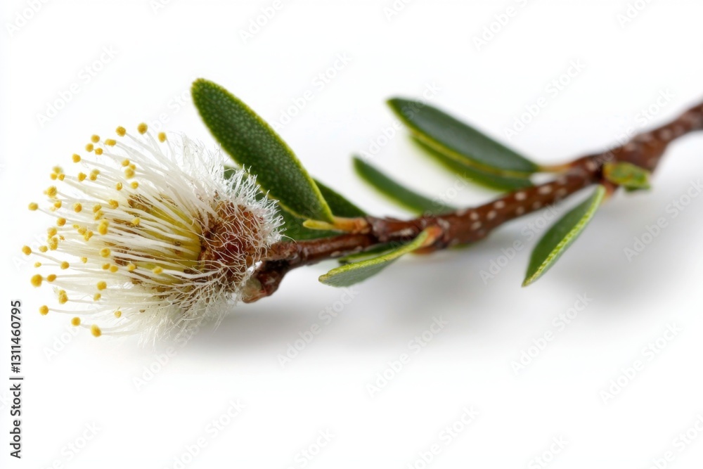 Fototapeta premium A solitary tea tree twig featuring Melaleuca species. 