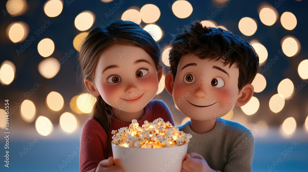 Children Enjoying Bowl of Popcorn Against a Festive Backdrop