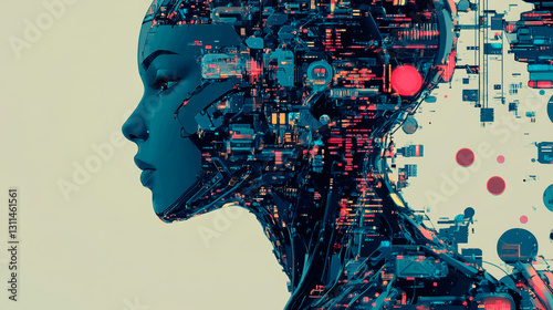 Robot head with numerical calculations on a neutral background. A futuristic and high-tech concept, ideal for AI development, data analysis, and technology branding. Digital illustration