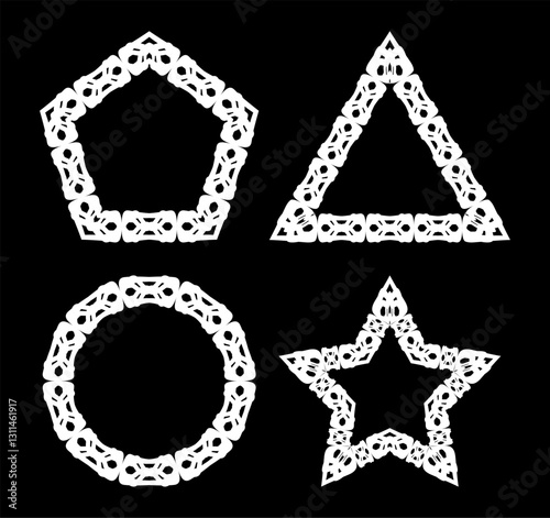 Four ornate geometric shapes. White outlines. Pentagon, triangle, circle, and star. Symmetrical patterns. Intricate details. Decorative art. Vintage style. Isolated elements. Flat vector. Wicker shape