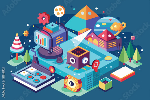 A design studio displays an engaging setup with customizable flat projections, inspiring creativity and innovation, Projections Customizable Flat Illustration