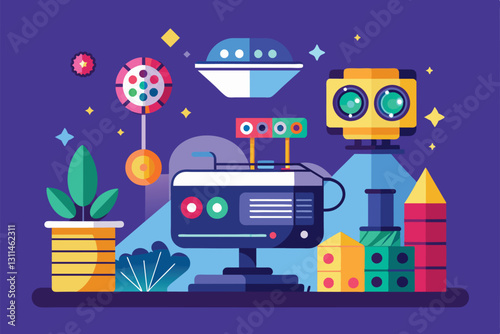 A vibrant workspace features customizable projections, colorful decor, and plants for a whimsical vibe, Projections Customizable Flat Illustration