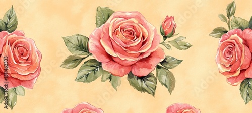 Watercolor Roses on Yellow Background A Classic and Gentle Floral Pattern for Spring