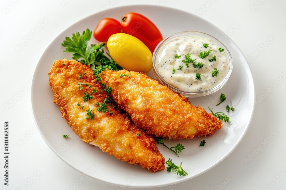 Two pieces of fried fish with sauces and garnishes served on a plate Two pieces of fried fish with sauces and garnishes served on a plate