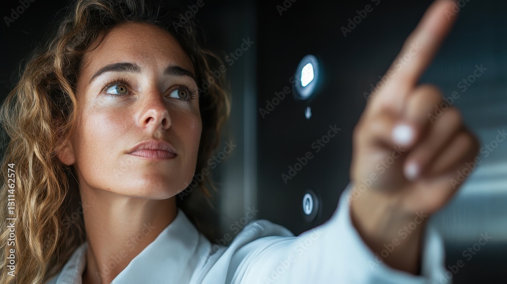 A woman stands in an elevator with an intense expression, pointing to an unseen object, embodying focus, determination, and purpose in a confined space. A woman stands in an elevator with an intense expression, pointing to an unseen object, embodying focus, determination, and purpose in a confined space.