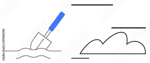 Trowel with blue handle digging soil, abstract cloud and sky lines in minimal style. Ideal for gardening, landscaping, nature, outdoor activities, environment, sustainability, flat simple metaphor