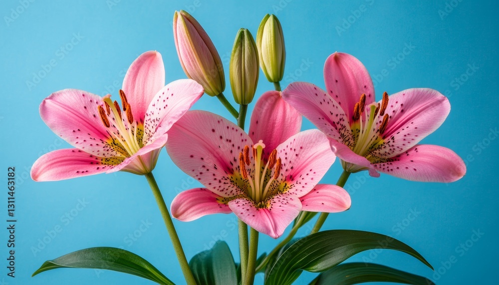 Fototapeta premium Pink Lily Flowers Isolated, Flowers. on a Vivid Blue Background with Copy Space for Your Text
