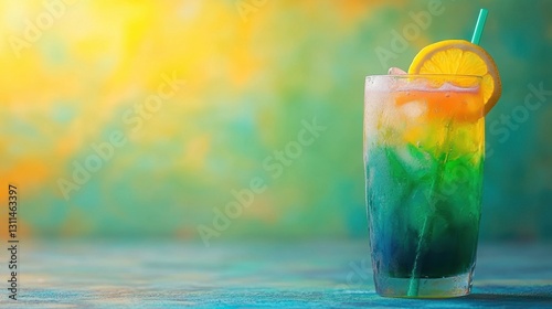 Glass of refreshing beverage with a slice of lemon on the rim for a summer drink photo