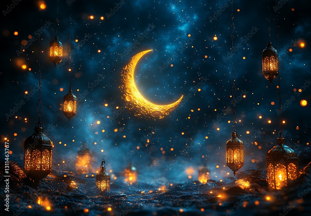 Fototapeta premium Luminous Crescent Moon in Starry Night Sky Surrounded by Glowing Lanterns Illuminating a Dreamy Mystical Landscape