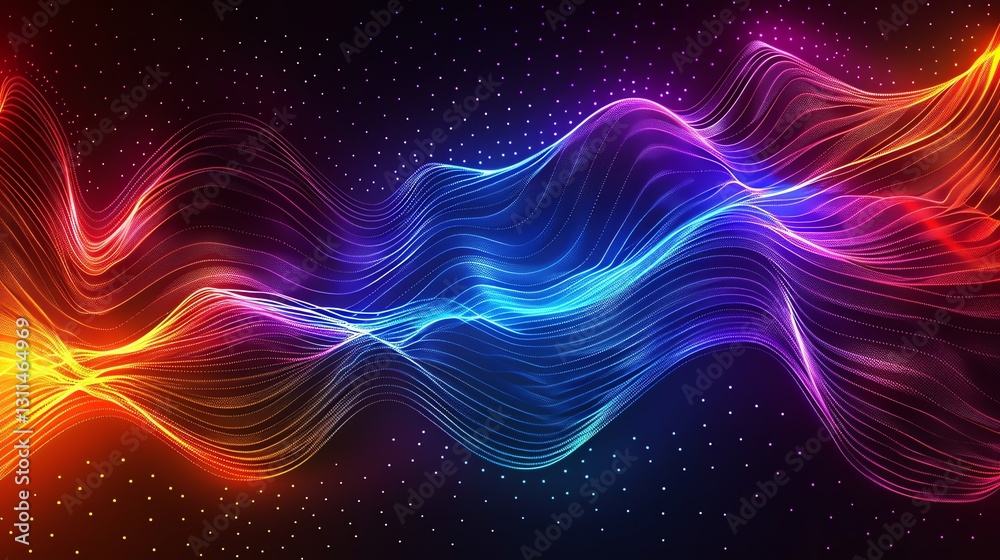 Obraz premium An abstract background with vibrant, glowing waves in blue, red, and yellow against a dark starry backdrop.