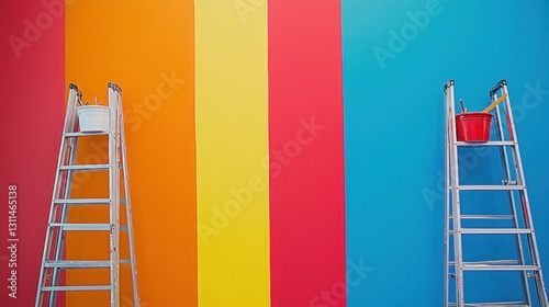 Vibrant Wall Painting and Renovation Scene with Brushes, Rollers, and Fresh Colors