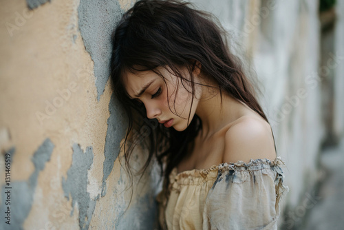 Sad girl in shabby clothes stands by the wall with her head down photo