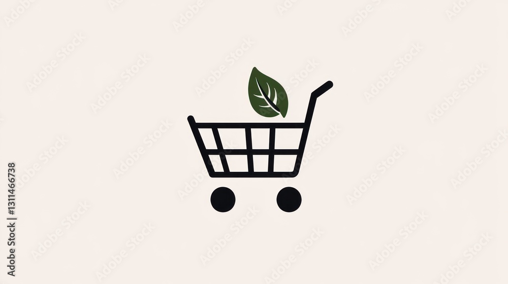 Simple shopping cart with leaf, eco-friendly retail concept Simple shopping cart with leaf, eco-friendly retail concept