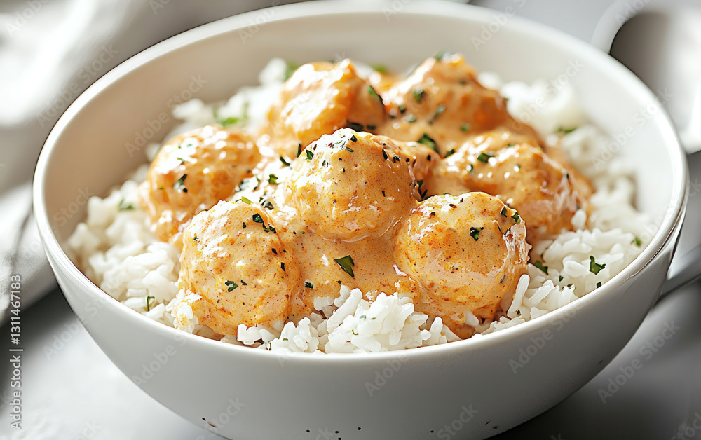 Chicken Meatballs in Creamy Sauce over Rice Chicken Meatballs in Creamy Sauce over Rice