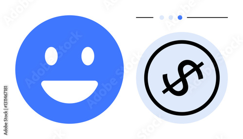 Blue happy face next to a crossed-out dollar sign inside a circle. Ideal for finance, emotions, simplicity, savings, budgeting, optimism, and positivity themes. Flat simple metaphor