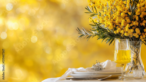 Elegant tablesetting with fresh mimosas and yellow backdrop photo