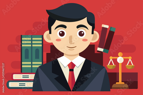 A cartoon character dressed as a prosecutor stands confidently in a library surrounded by law books, Prosecutor Customizable Cartoon Illustration