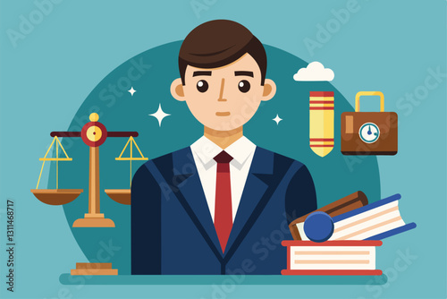 A customizable illustration features a prosecutor with legal symbols, scales of justice, and books in a simple design, Prosecutor Customizable Semi Flat Illustration