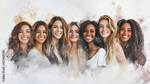 Women of various backgrounds, smiling together against a white backdrop