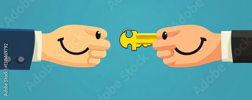 Happy Hands Exchanging Golden Key Business Success Deal icon smile trust vector growth concept      