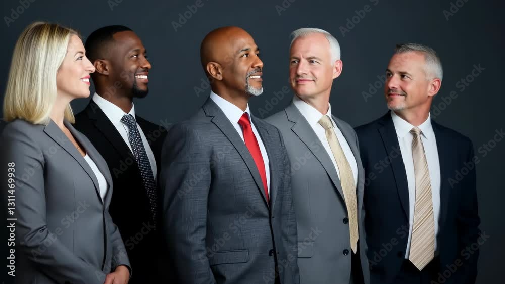 A group of men and women in suits and ties pose for a photo