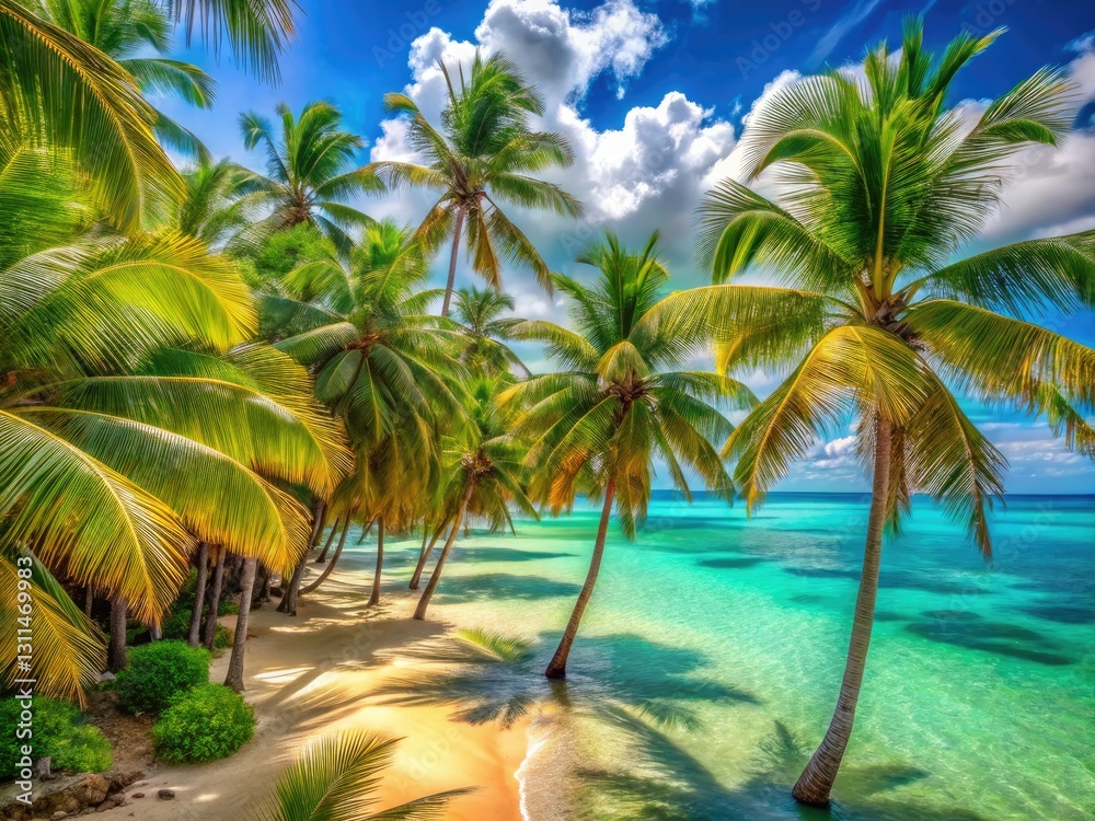 Obraz premium Surreal tropical beach: sunny coconuts, idyllic summer paradise, dreamy escape awaits.