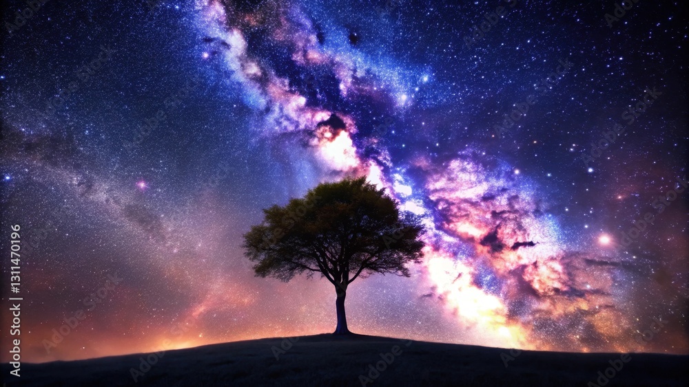 Solitary Tree Silhouetted Against a Vibrant Celestial Canvas of Stars and Nebulae Solitary Tree Silhouetted Against a Vibrant Celestial Canvas of Stars and Nebulae