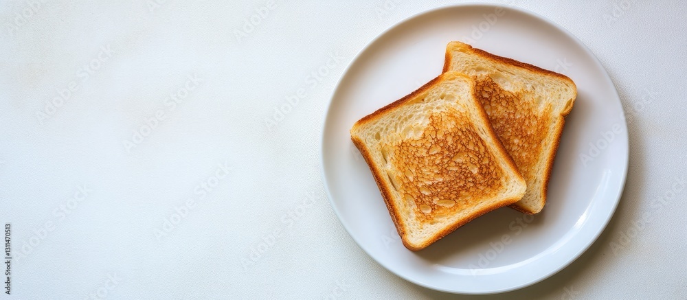 Toasted bread slices on a round white plate with a smooth white background viewed from above showcasing golden-brown crust and soft interior Toasted bread slices on a round white plate with a smooth white background viewed from above showcasing golden-brown crust and soft interior
