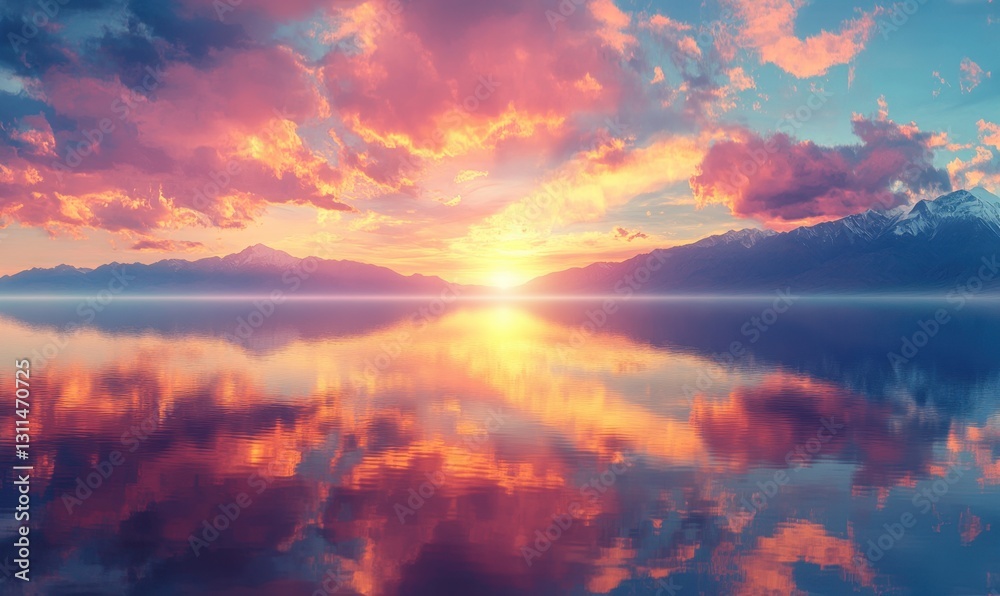 Fototapeta premium Vibrant sunset over serene lake reflecting colorful clouds and distant mountains