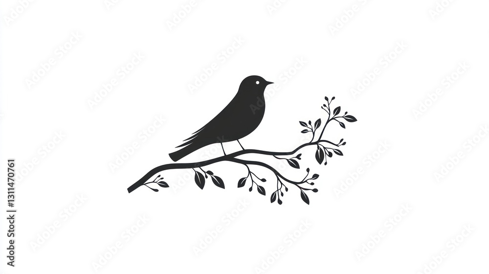 Silhouette bird on branch, nature themed graphic, simple design, decorative art