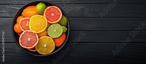 Fototapeta Naklejka Na Ścianę i Meble -  Vibrant bowl filled with assorted citrus fruits including oranges, grapefruits, and limes arranged on a black wooden surface top view