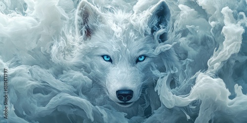 A mesmerizing close-up of a white wolf’s fur reveals intricate patterns and textures. The detailed artwork captures every strand, creating dynamic movement and depth in its majestic appearance photo