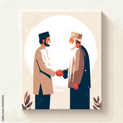 An elegant flat-style illustration of two generations—an elder and a younger person—shaking hands in an Eid moment, showcasing respect and warmth on a white canvas